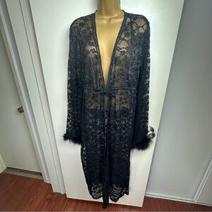 omighty Black Floral Lace Tie Faux Fur Cuffs Dark Romantic Whimsy-Goth‎ Duster M